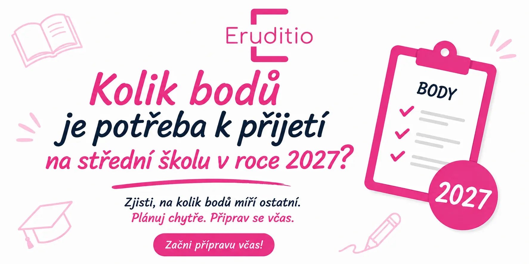 Banner článku Centra Eruditio: Kolik bodů je potřeba k přijetí na střední školu v roce 2027, vedle textu ilustrace desek s nápisem BODY
